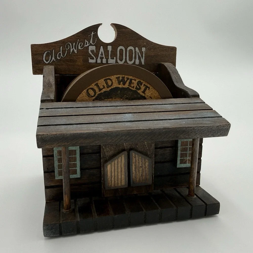 Vtg Old West Saloon Drink Coasters (6) Set Wood Wooden Cork Man Cave Decor Cabin